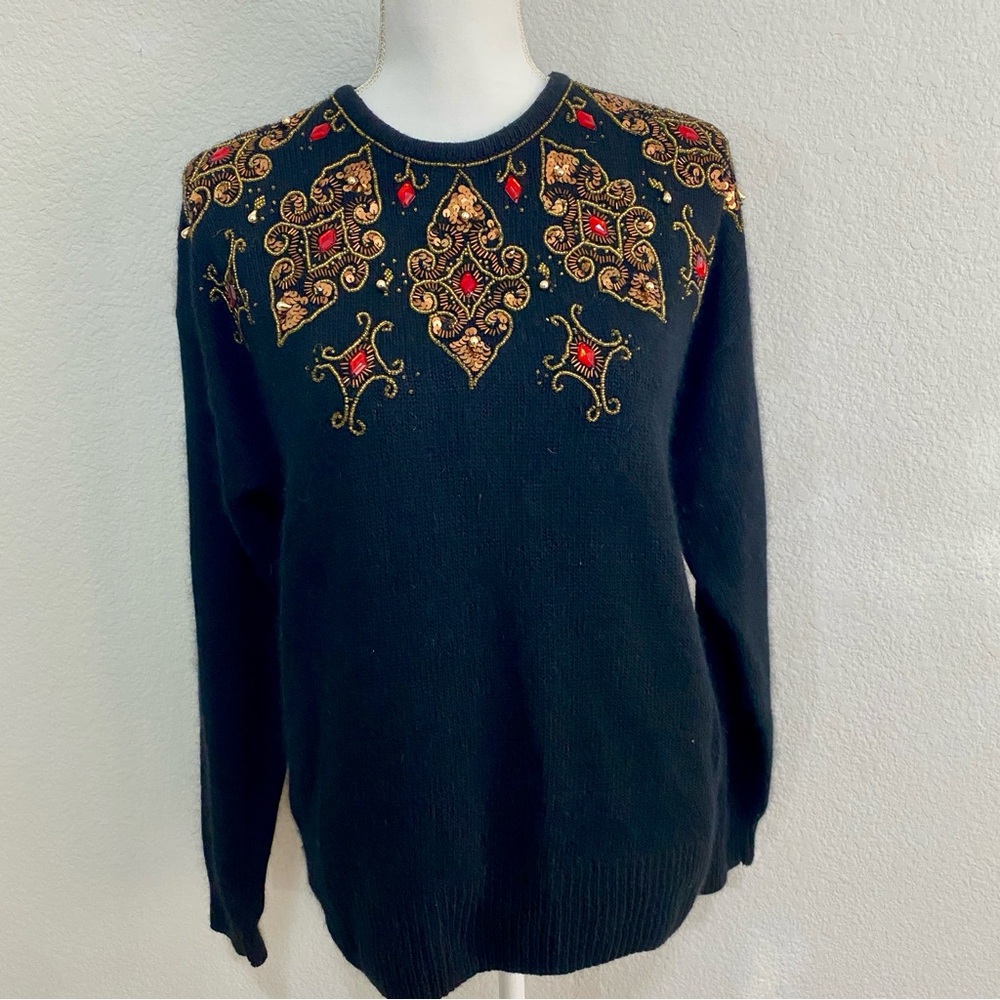 VTG‎ Karen Scott Silk Angora Beaded Rhinestone Sweater Medium Black Gold Luxury